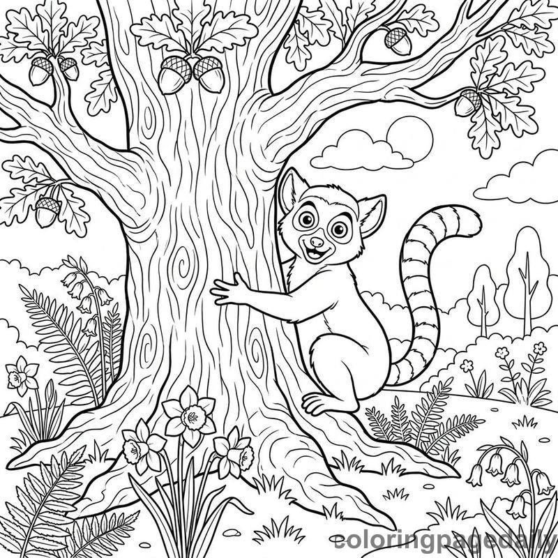 Lemur Hugging Oak Tree - Daily printable coloring page in Animals category