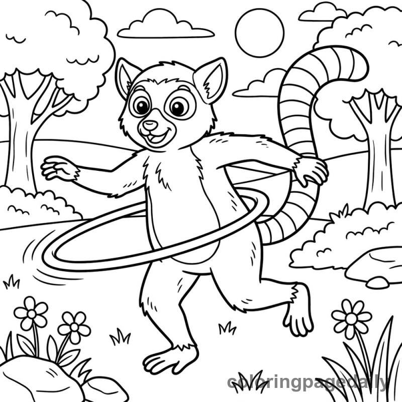 Lemur Hula Hooping - Daily printable coloring page in Animals category