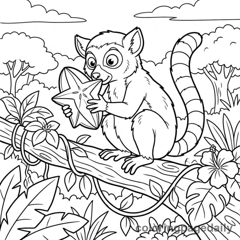 Lemur Investigates a Starfruit - Colored reference example