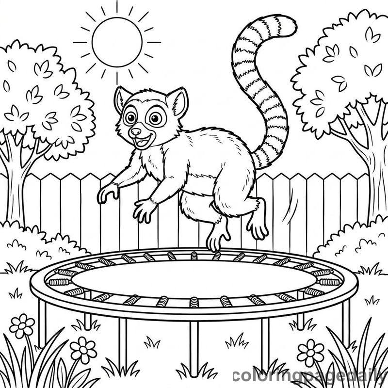 Lemur Jumping On Trampoline - Daily printable coloring page in Animals category