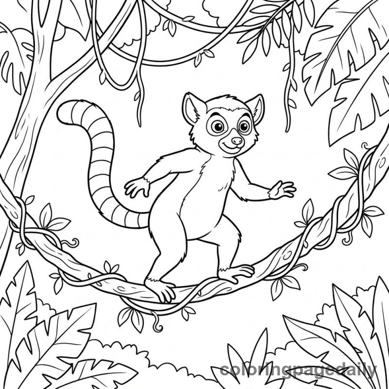 Lemur's Jungle Tightrope Walk - Daily printable coloring page in Animals category