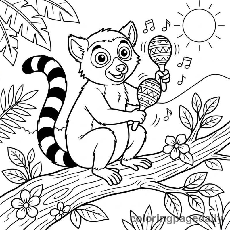 Lemur Playing Maracas - Daily printable coloring page in Animals category