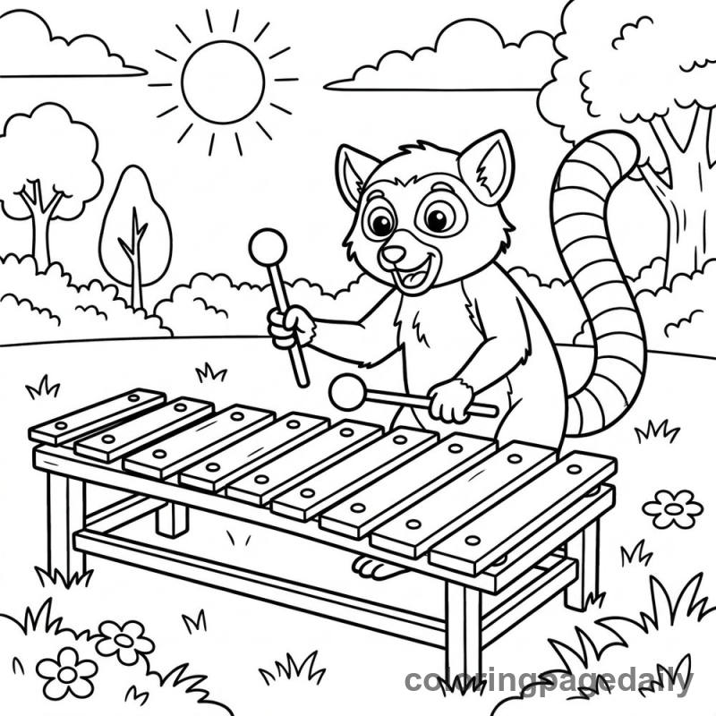 Lemur Playing Wooden Xylophone - Daily printable coloring page in Animals category