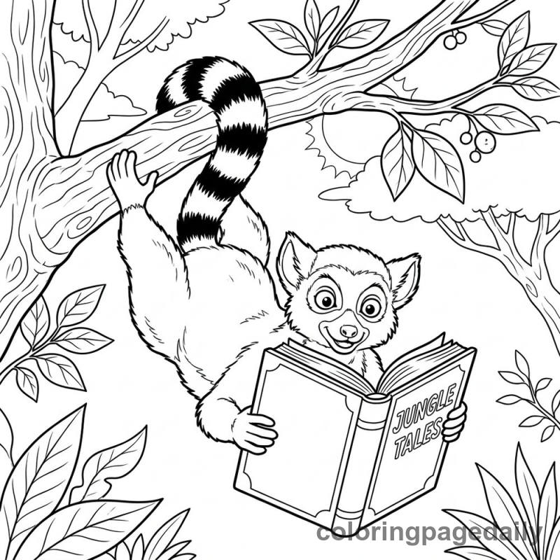 Lemur Reading a Book - Daily printable coloring page in Animals category