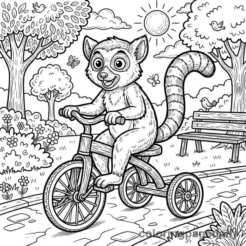 Lemur Riding A Tricycle - Daily printable coloring page in Animals category