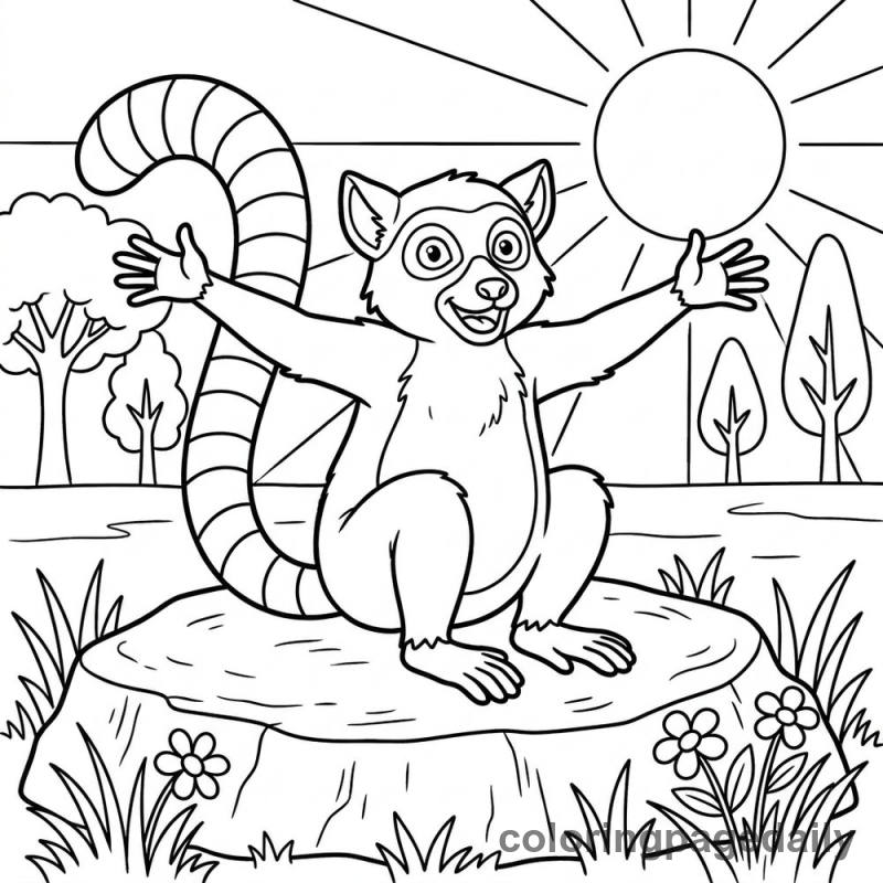 Leo the Lemur’s Big Sun Salute - story illustration coloring page