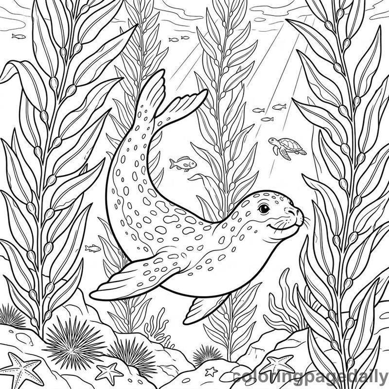 Leopard Seal In Kelp Forest - Daily printable coloring page in Ocean and Underwater Life category
