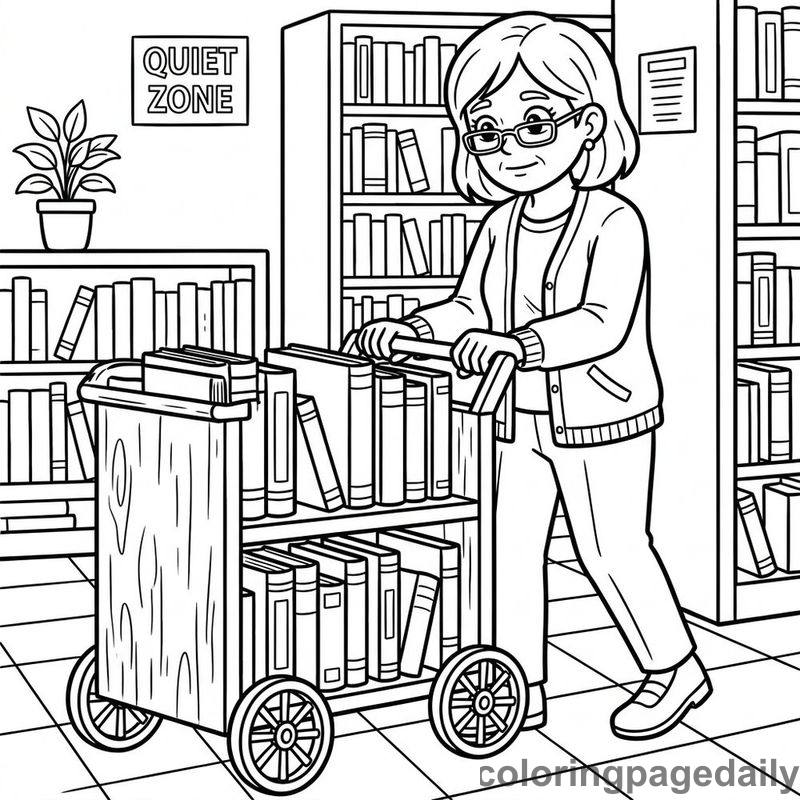 Librarian Pushing Book Cart - Daily printable coloring page in Professions category