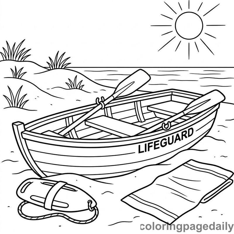 Lifeguard Rowboat On Beach - Daily printable coloring page in Summer Vacation category