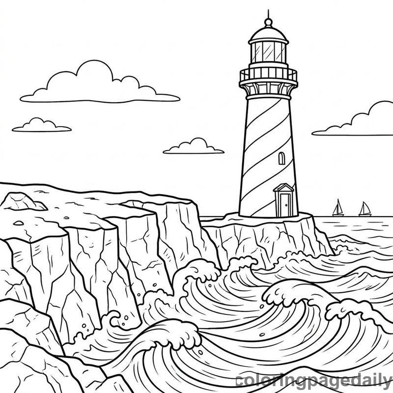 Lighthouse On Coastal Cliffs - Daily printable coloring page in Scenery category