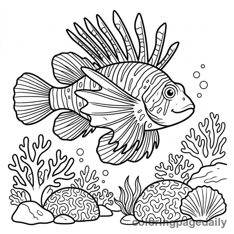 Lionfish Swimming Gracefully - Daily printable coloring page in Ocean and Underwater Life category