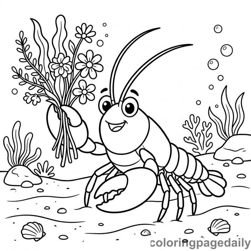 Lobster With Flowers - Daily printable coloring page in Ocean and Underwater Life category