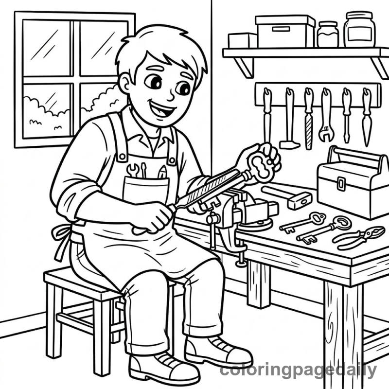 Locksmith Crafting Antique Key - Daily printable coloring page in Professions category