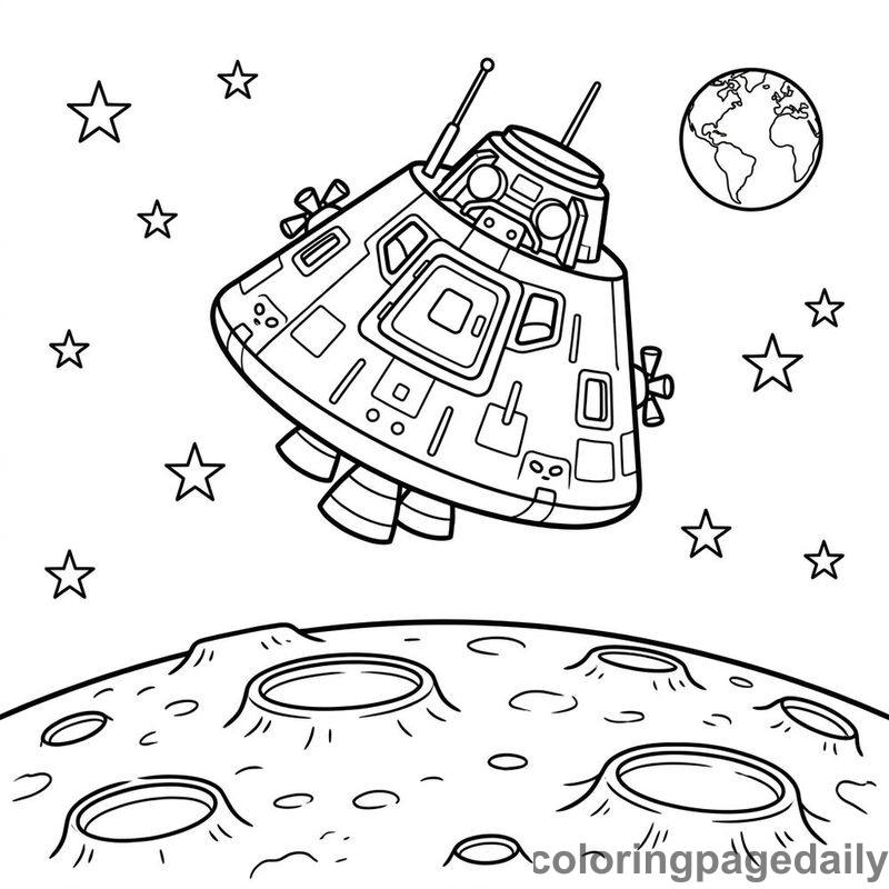 Lunar Command Module Orbiting - Daily printable coloring page in Space category