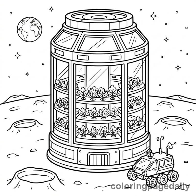 Lunar Hydroponic Farming Tower - Daily printable coloring page in Space category
