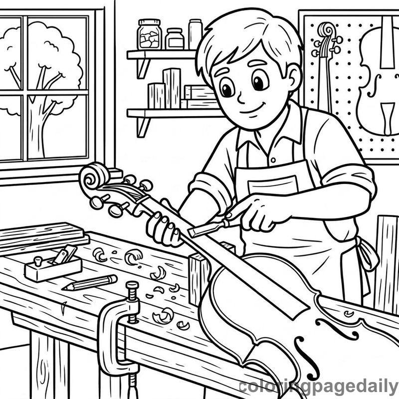 Luthier Carving A Cello - Daily printable coloring page in Professions category