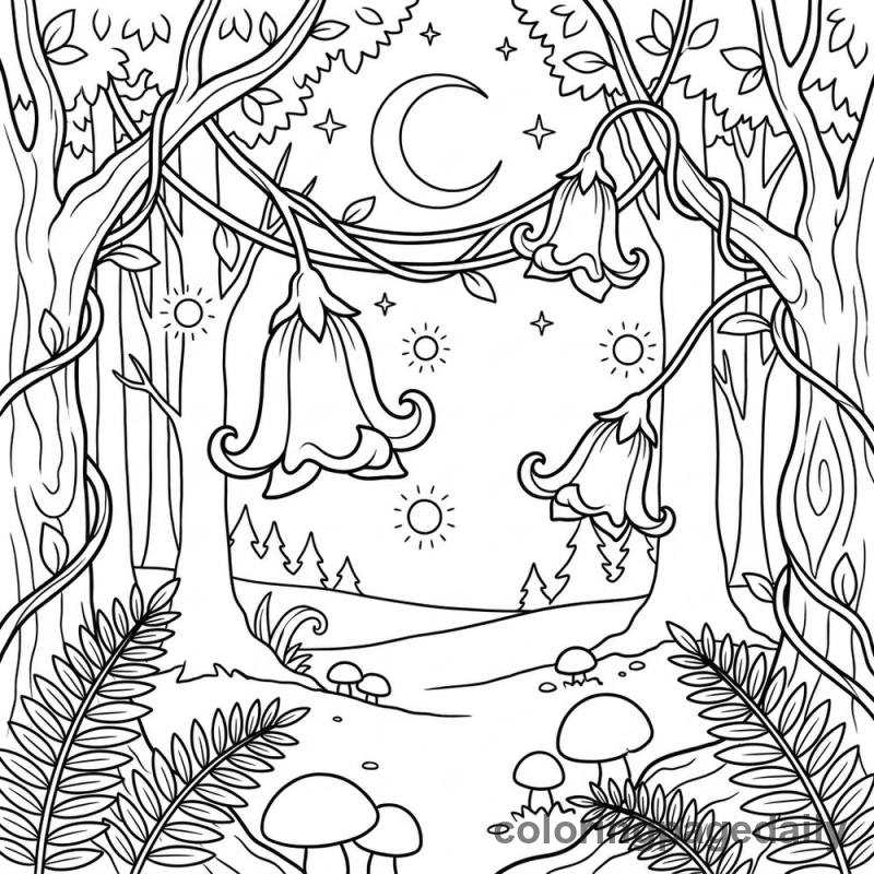 Magical Bell-Flower Forest - Daily printable coloring page in Scenery category
