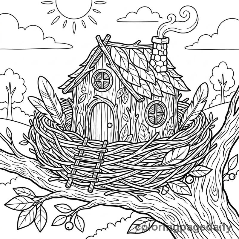 Magical Bird Nest House - Daily printable coloring page in Scenery category