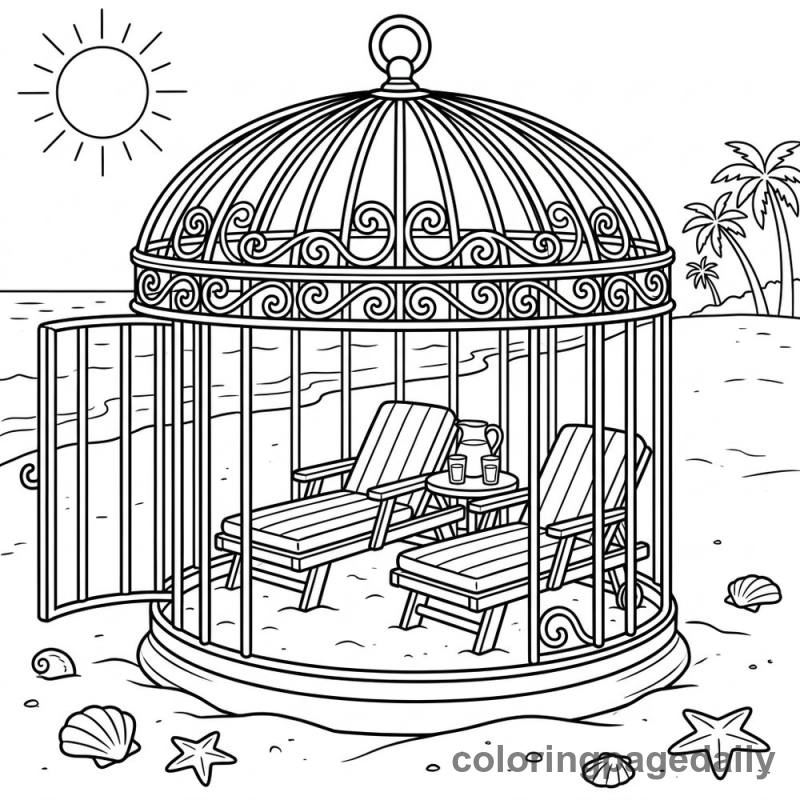 Magical Birdcage Beach Cabana - Daily printable coloring page in Scenery category