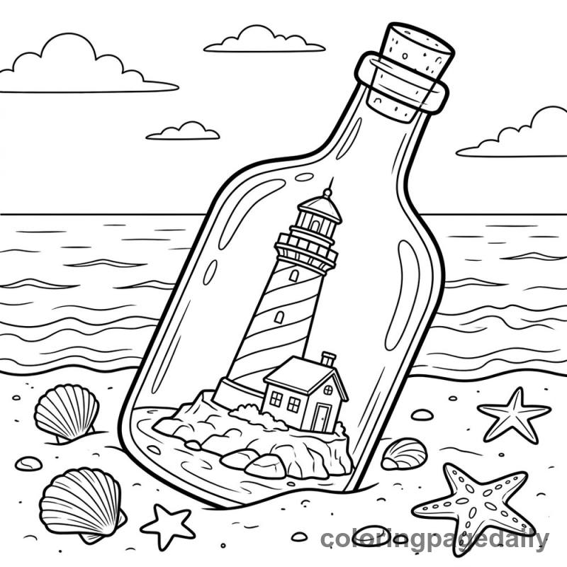 Magical Bottle Lighthouse On Beach - Daily printable coloring page in Scenery category