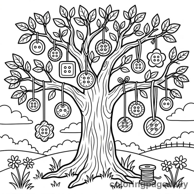 The Magical Button Tree - Daily printable coloring page in Scenery category