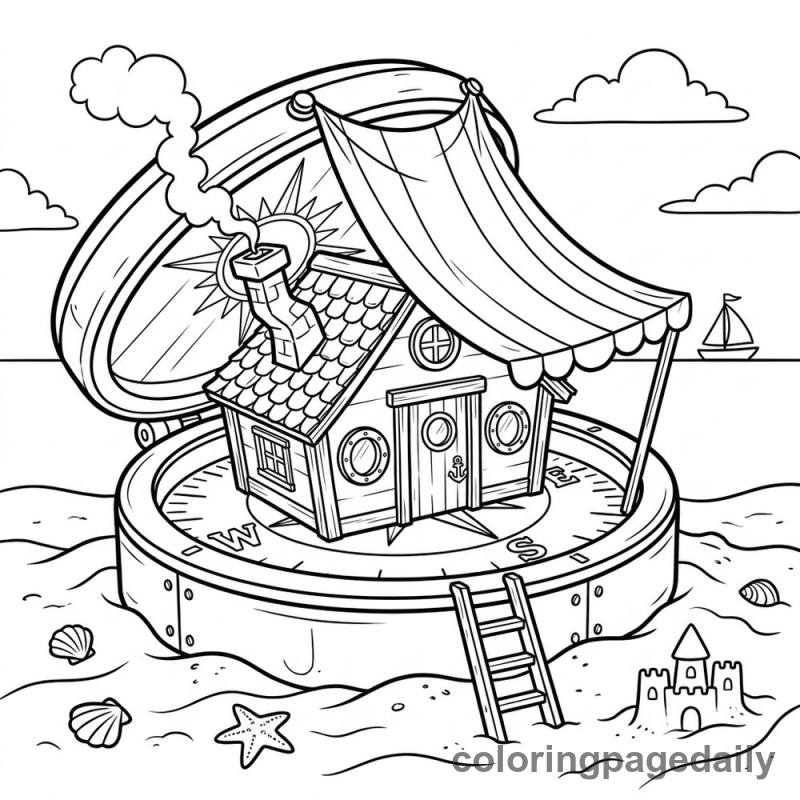Magical Compass Beach House - Daily printable coloring page in Scenery category