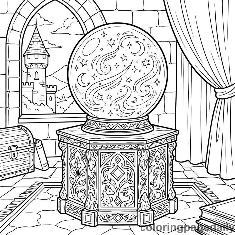 Magical Crystal Ball Pedestal - Daily printable coloring page in Fairy Tales category