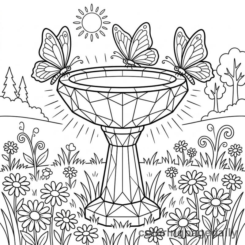 Magical Crystal Birdbath Meadow - Daily printable coloring page in Scenery category