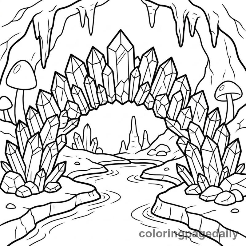 Magical Crystal Cave Bridge - Daily printable coloring page in Scenery category