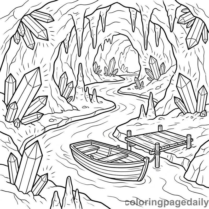 Magical Crystal Cave Stream - Daily printable coloring page in Scenery category