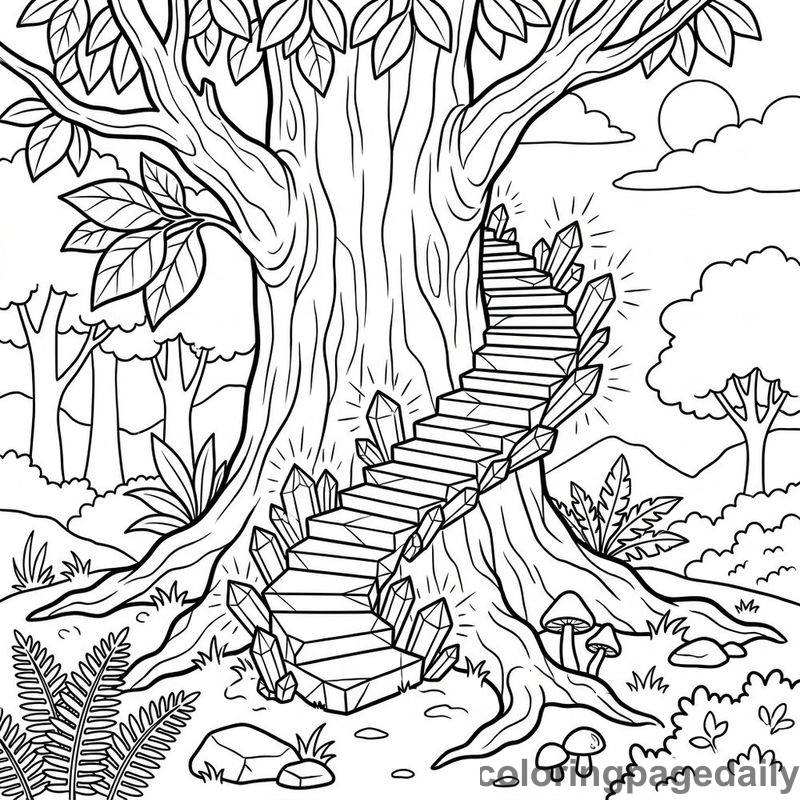 Magical Crystal Tree Staircase - Daily printable coloring page in Scenery category