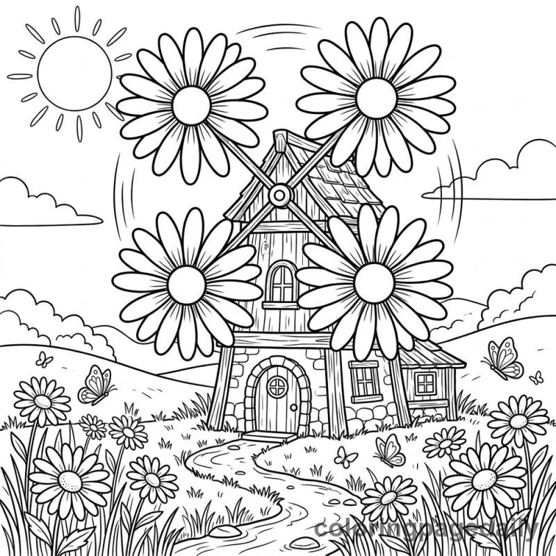 Magical Daisy Windmill Meadow - Daily printable coloring page in Scenery category