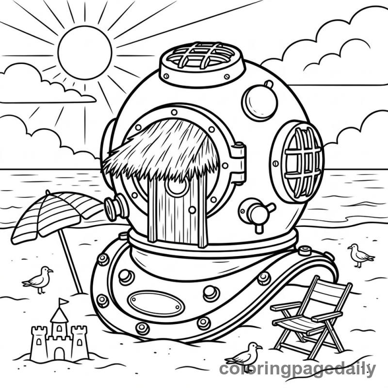 Magical Diving Helmet Beach Cabana - Daily printable coloring page in Scenery category