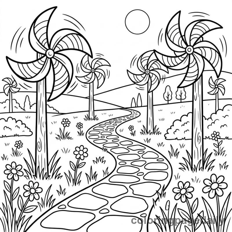 The Whimsical Pinwheel Meadow - Daily printable coloring page in Scenery category