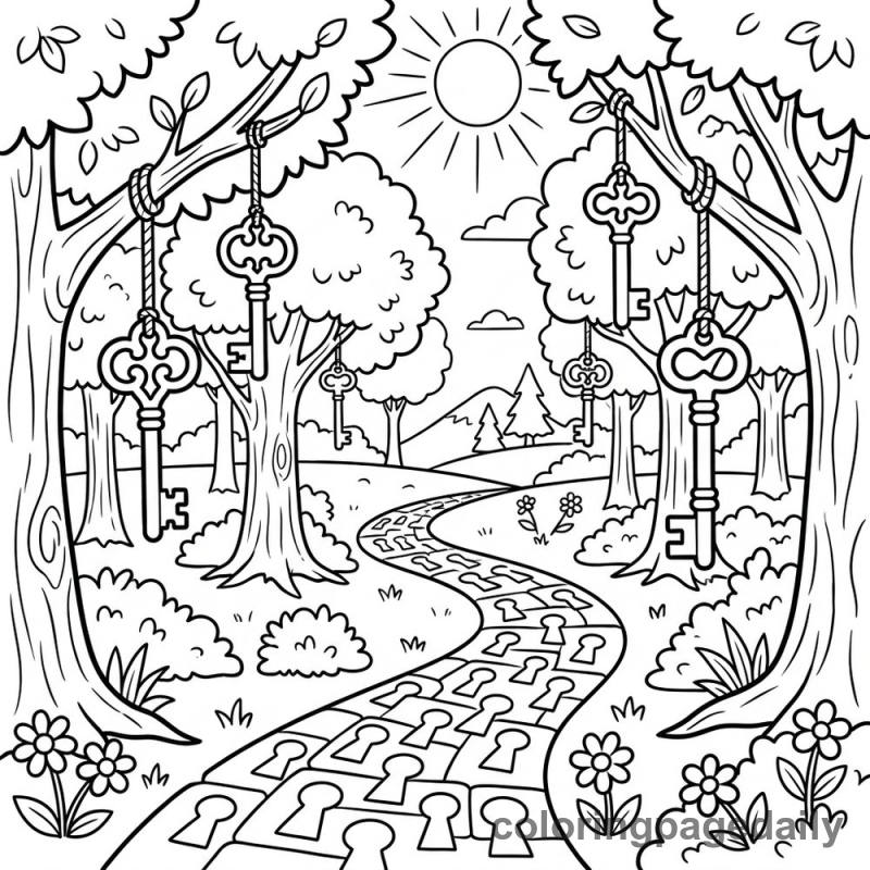 Magical Forest of Keys - Daily printable coloring page in Scenery category