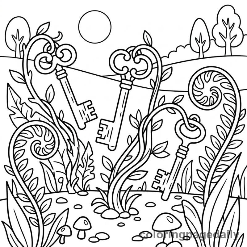 Magical Giant Keys Garden - Daily printable coloring page in Scenery category