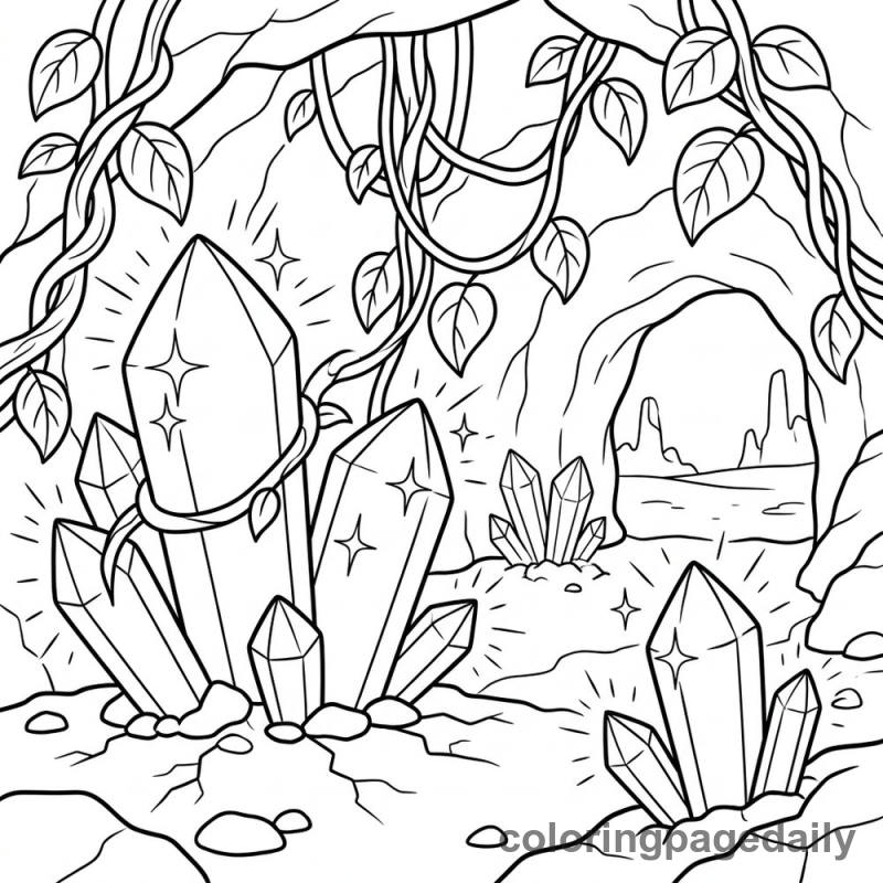Magical Glowing Crystal Cave - Daily printable coloring page in Scenery category
