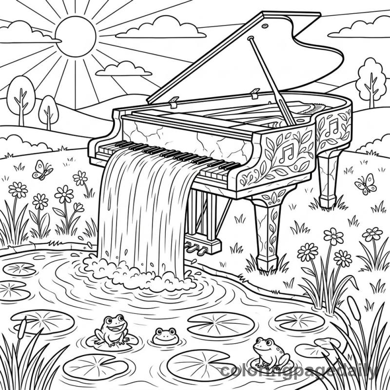 Magical Grand Piano Waterfall - Daily printable coloring page in Scenery category
