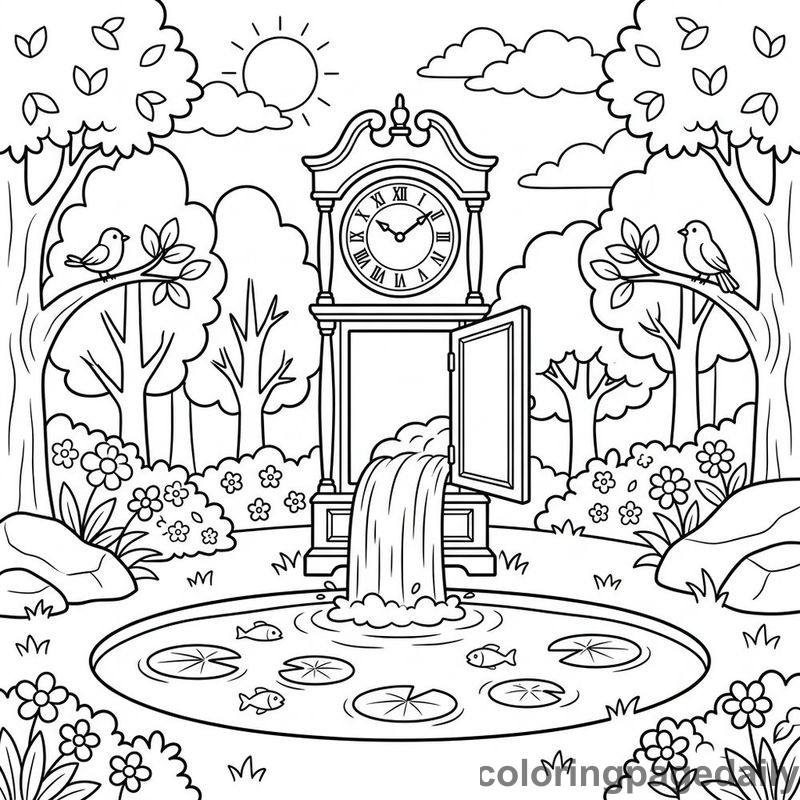 Magical Grandfather Clock Waterfall - Daily printable coloring page in Scenery category