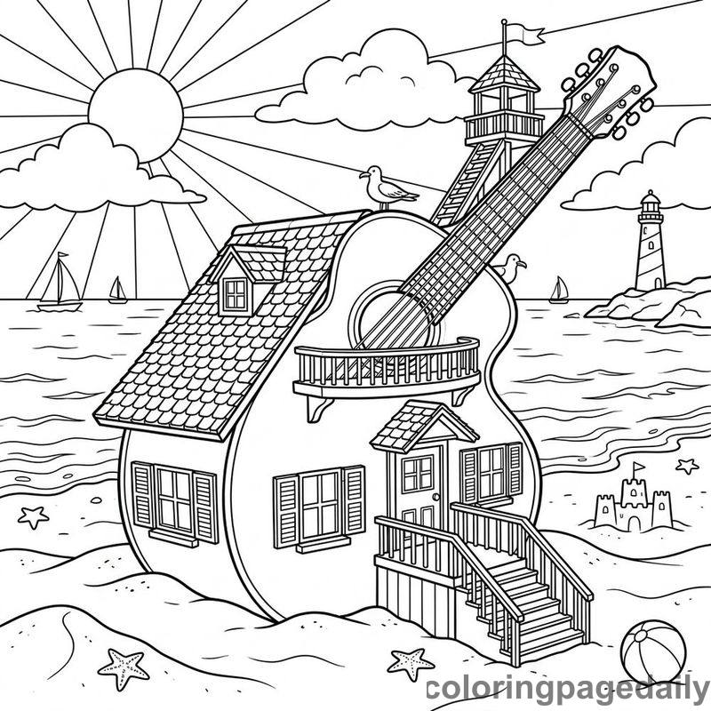 The Secret Song of the Sandy Guitar House - story illustration coloring page