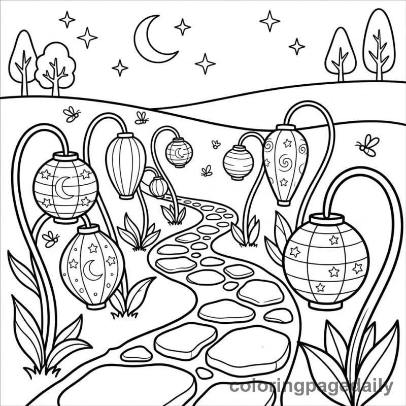 The Magical Lantern Garden - Daily printable coloring page in Scenery category