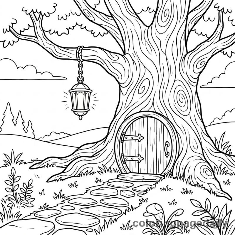 The Secret Door of Whispering Woods - story illustration coloring page