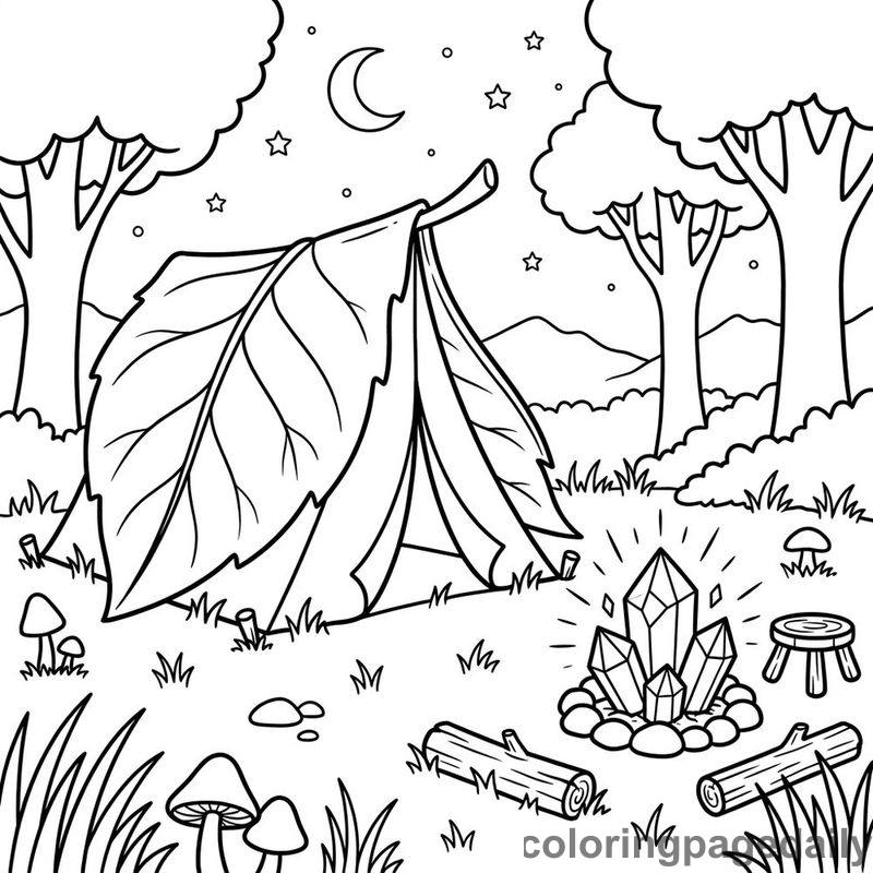 Magical Leaf Tent Campsite - Daily printable coloring page in Scenery category
