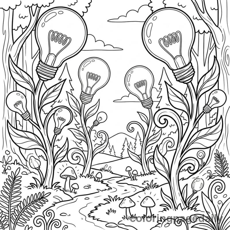Magical Lightbulb Forest - Daily printable coloring page in Scenery category