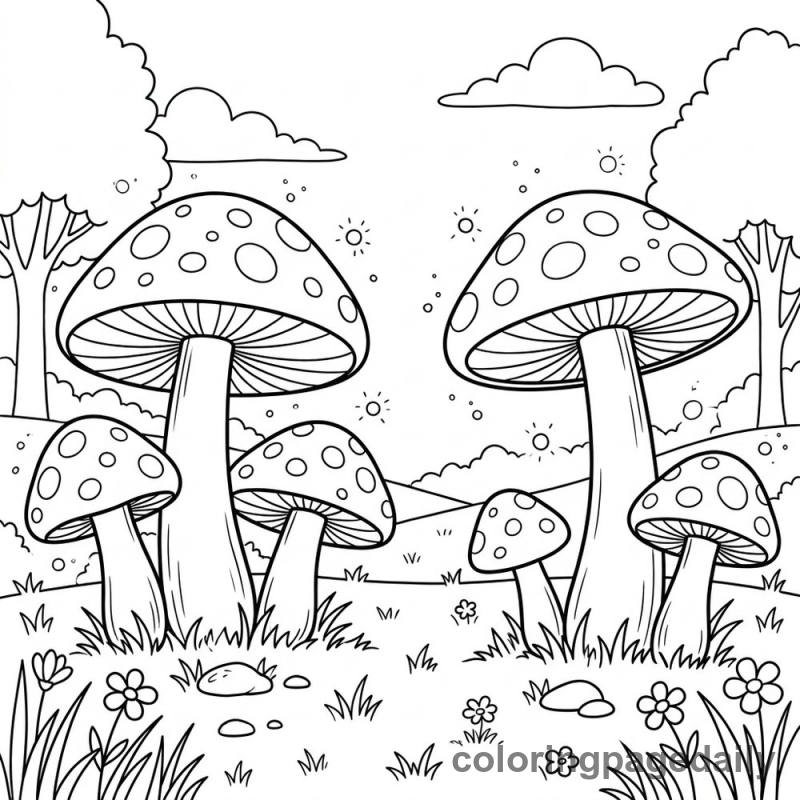 The Magical Secret of the Giant Spotted Mushrooms - story illustration coloring page