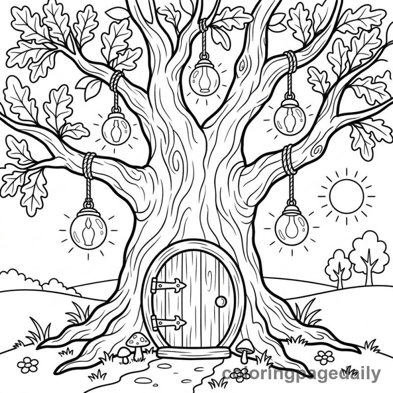 Magical Oak Tree Home - Daily printable coloring page in Scenery category