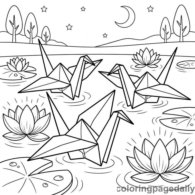 Magical Origami Crane Pond - Colored reference example