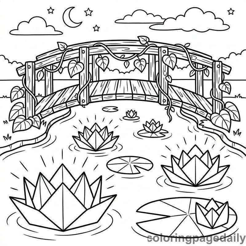 Magical Origami Lotus Pond - Daily printable coloring page in Scenery category
