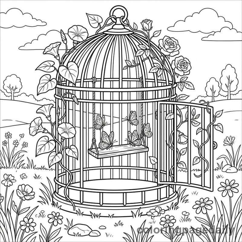 Magical Overgrown Birdcage Meadow - Daily printable coloring page in Scenery category