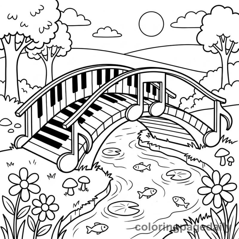 Magical Piano Key Bridge - Daily printable coloring page in Scenery category